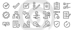 Check icon set. It includes verify, approve, checkmark, endorse, and more icons. Editable Vector Stroke.